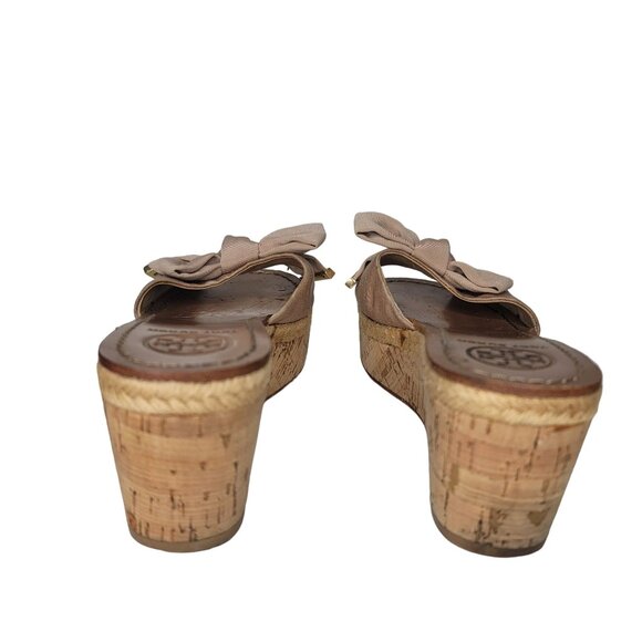 Tory Burch penny Leather Sole cork Wedge Sandals Bow Detail Size 6.5 Light Brown - Picture 6 of 12